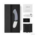 Lelo Gigi 2 G-Spot Vibrator Cool Gray in elegant packaging with accessories and warranty registration card.