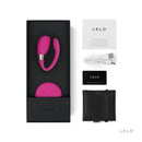 Lelo Tiani 3 Remote Control Couples Vibrator Cerise in box with accessories including remote and charger.