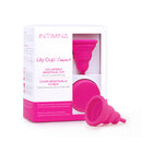 Intimina Lily Cup Compact Size B Menstrual Cup in pink packaging, showcasing its collapsible design for easy travel.