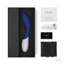 Lelo Mona Wave G-Spot Vibrator Midnight Blue in a gift box with accessories and warranty card.