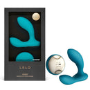 Lelo Hugo Remote Control Prostate Massager Ocean Blue with remote and packaging, designed for ultimate prostate stimulation.