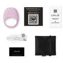 Lelo Lifeguard Originals Vibrating Cock Ring Soft Pink with accessories including USB charging cable and warranty card.