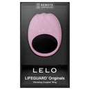 Lelo Lifeguard Originals Vibrating Cock Ring Soft Pink in packaging, highlighting its premium silicone and remote control features.