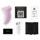 Lelo Sona Originals Clitoral Massager Soft Pink with accessories including warranty card and USB cable.