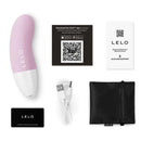 Lelo Ako Originals Soft Pink Clitoral Vibrator with accessories including USB and warranty card.