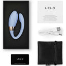 Lelo Tiani Twist Couples Massager Sea Foam in elegant packaging with accessories on display.