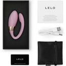 Lelo Tiani Twist Couples Vibrator Soft Pink in box with accessories including user manual and USB charger.