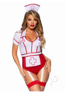 Leg Avenue Nurse Feelgood Garter Bodysuit Medium Red White with apron and hat, perfect for Halloween or role play.