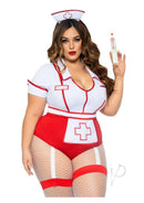 Leg Avenue Nurse Feelgood Garter Bodysuit Costume 3X/4X Red model wearing nurse outfit and holding a syringe.