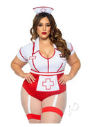 Leg Avenue Nurse Feelgood Garter Bodysuit Costume 3X/4X Red model wearing sexy costume with hat and garter.