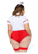 Leg Avenue Nurse Feelgood Garter Bodysuit Costume 3X/4X Red back view with attached apron and fishnet stockings.