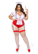 Leg Avenue Nurse Feelgood Garter Bodysuit Costume 3X/4X Red displayed on model holding a syringe.
