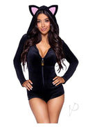 Leg Avenue Comfy Cat Romper with Bell Zipper Pull Small Black, featuring a cozy black velvet design and cat ears.