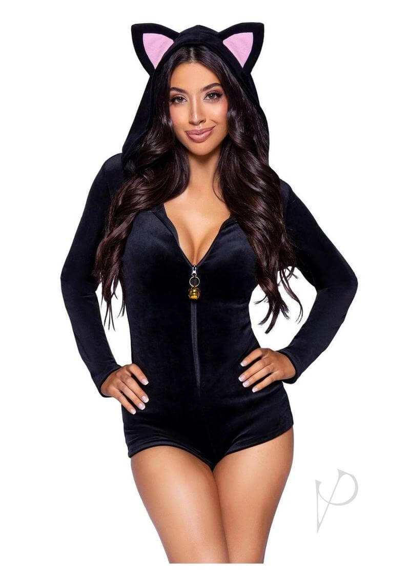 Leg Avenue Comfy Cat Romper with Bell Zipper Pull Small Black, featuring a cozy black velvet design and cat ears.