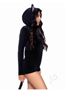 Leg Avenue Comfy Cat Romper with Bell Zipper Pull Small Black model wearing black cat outfit with ears and hood