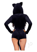 Leg Avenue Comfy Cat Romper with Bell Zipper Pull Small Black, showing back view of plush hoodie and tail details.