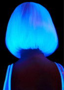 13" Pearl Short Natural Bob Wig glowing under blacklight, Halloween cosplay festival ready