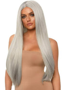 Leg Avenue Long Straight 33 Inch Center Part Wig Grey on a model with long silvery hair and center parting.