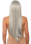 Leg Avenue Long Straight 33 Inch Center Part Wig Grey shown from behind, sleek and silky long hair.