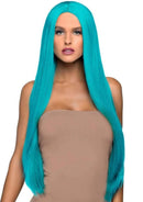 Leg Avenue Long Straight 33 Inch Center Part Wig Turquoise worn by a model with sleek, vivid blue hair.