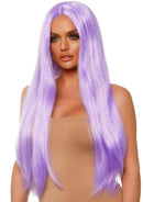 Leg Avenue Long Straight 33 Inch Center Part Wig Lavender worn by a model with long, sleek lavender hair.