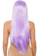 Leg Avenue Long Straight 33 Inch Center Part Wig Lavender displayed from the back, showcasing its sleek lavender strands.