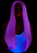 Leg Avenue Long Straight 33 Inch Center Part Wig Lavender displayed on model with glowing outfit and neon lipstick.