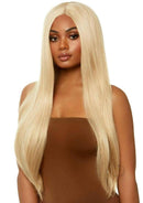 Leg Avenue Long Straight 33 inches Center Part Wig OS Blonde worn by a model with long blonde hair.
