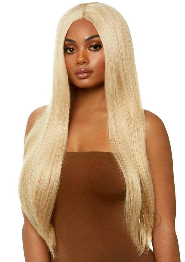 Leg Avenue Long Straight 33 inches Center Part Wig OS Blonde worn by a model with long blonde hair.