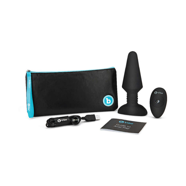b Vibe Rimming XL Rotating and Vibrating Remote Control Plug Black with carrying pouch, remote, and USB charger
