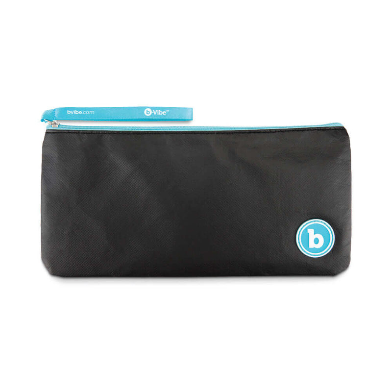 b Vibe Rimming XL Rotating and Vibrating Remote Control Plug Black storage bag with blue zipper and logo