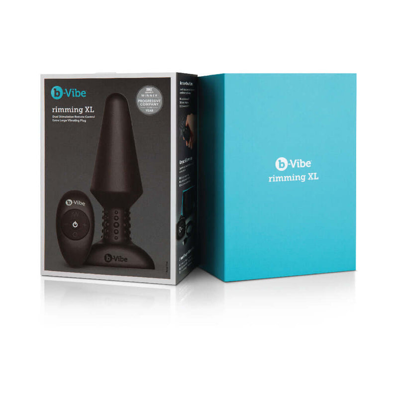 b Vibe Rimming XL Rotating and Vibrating Remote Control Plug Black packaging with remote control featured.