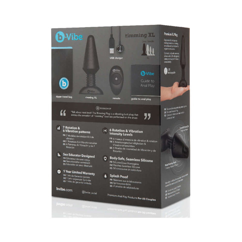 b Vibe Rimming XL Rotating and Vibrating Remote Control Plug Black packaging with features and instructions.