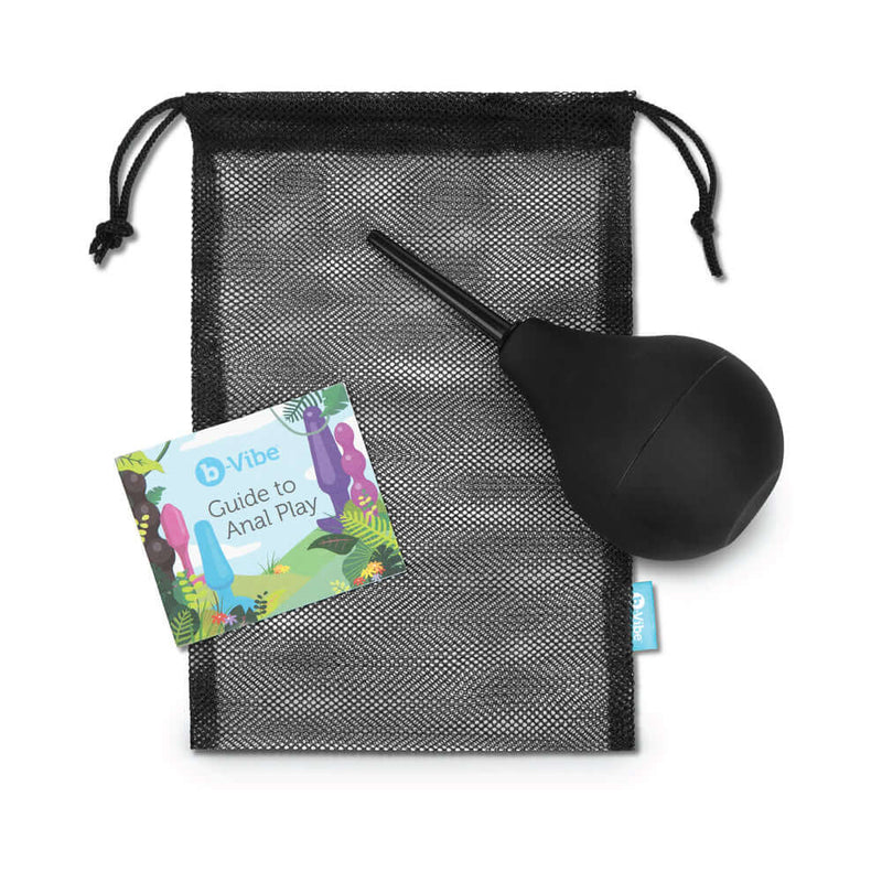 b-vibe Classic Enema kit including cleansing bulb, guide, and storage pouch for anal play preparation.