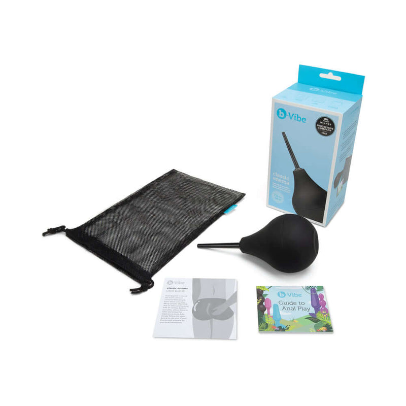b-vibe Classic Enema set including enema bulb, storage bag, and guide for anal play.