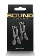 Bound Nipple Clamps C1 Gunmetal Gray displayed on packaging, designed for erotic nipple play with a minimalist look.
