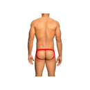 Male Basics Lace Jockstrap Red Small/Medium rear view showcasing the delicate lace and bold design.