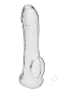 Blue Line 6.25 Inch Transparent Penis Sleeve Extension displayed, showcasing its hollow design and crystal-clear body.