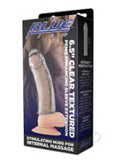 Blue Line 6.5 Inch Textured Penis Extension Sleeve Clear packaging with detailed features and textured sleeve design.