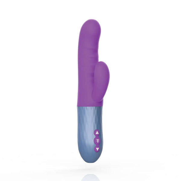 FemmeFunn Essenza Dual Stimulation Thrusting Vibrator Purple displayed with sleek design and control buttons.