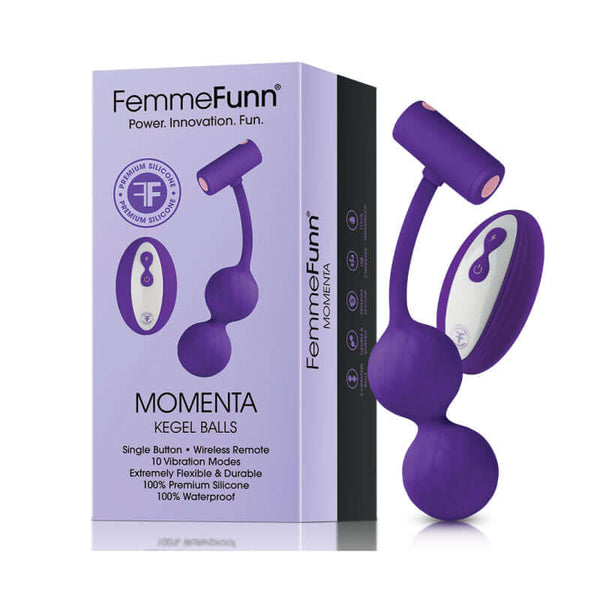 FemmeFunn Momenta Remote Controlled Kegel Balls Purple packaging featuring wireless remote and silicone design.