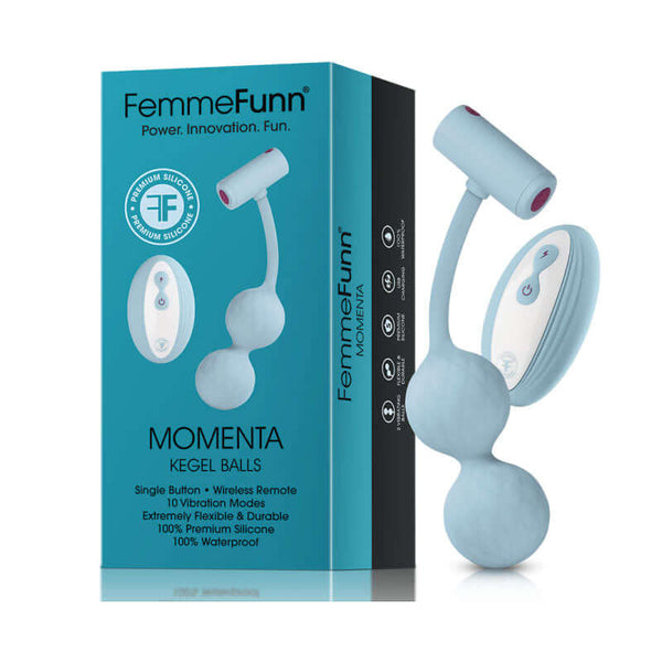 FemmeFunn Momenta Remote Controlled Kegel Balls Light Blue packaging with remote, highlighting dual stimulation features.