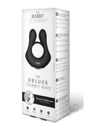 The Rabbit Company Deluxe Rabbit Vibrating Cock Ring Black packaging with product features and benefits.