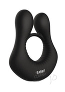 The Rabbit Company Deluxe Rabbit Vibrating Cock Ring Black design featuring a flexible silicone structure for couples.