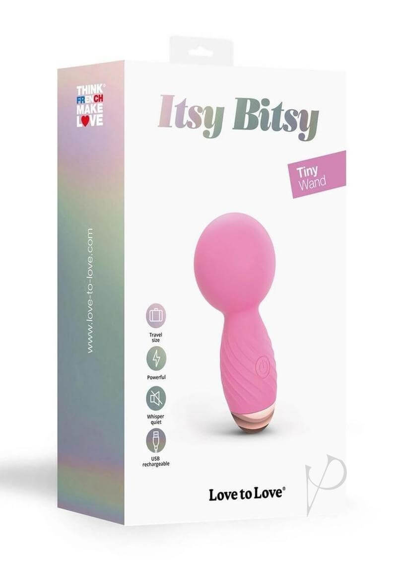 Itsy Bitsy Tiny Wand Massager Pink packaging of a compact and powerful mini massager for travel and discreet use.