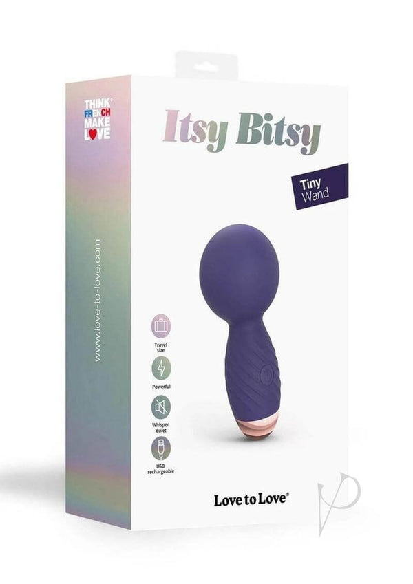 Itsy Bitsy Tiny Wand Massager Midnight Indigo packaging showing its compact design and features.