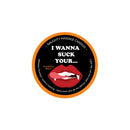 Kama Sutra Naughty Notes I Wanna Suck Massage Candle 1.7 Oz with playful pumpkin spice design and cheeky message.