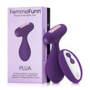 FemmeFunn Plua Remote Controlled Vibrating Anal Plug Purple with remote and packaging showcasing features and design.