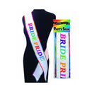 Little Genie Bride Pride Sash White with Rainbow Trim displayed on mannequin with bright lettering.
