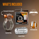 Stay Hard Vibrating Cock Ring Set with Beaded Sleeve, featuring C-ring, vibrating bullet, and textured sleeve.
